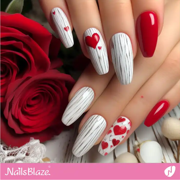 Glossy Red Nails with White Wood Theme and Hearts | Valentine Nails - NB2695